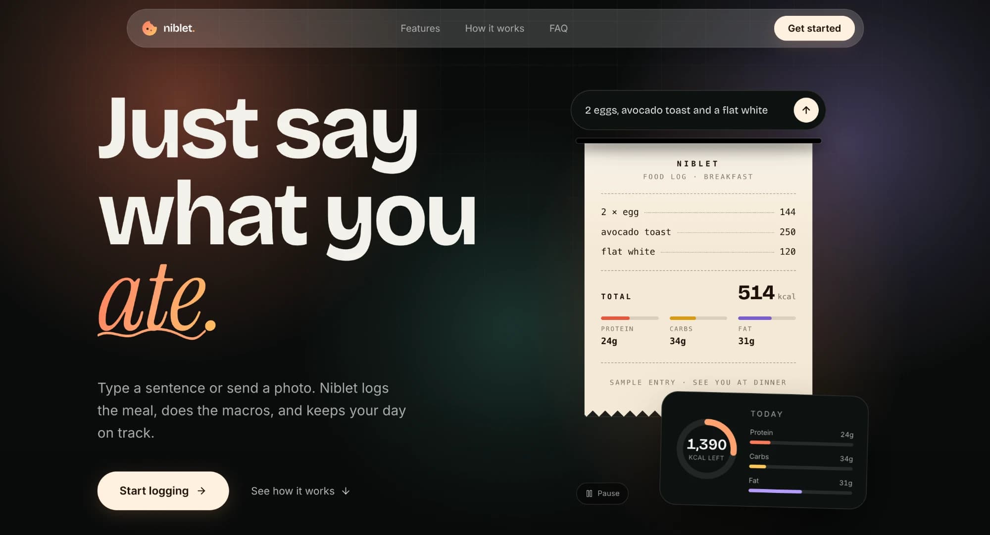 Niblet landing page: Just say what you ate, with a sample receipt-style food log